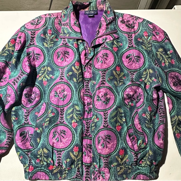 Vintage 80s Kim Rogers Purple and Green Silk Jacket with shoulder pads medium - Picture 1 of 5
